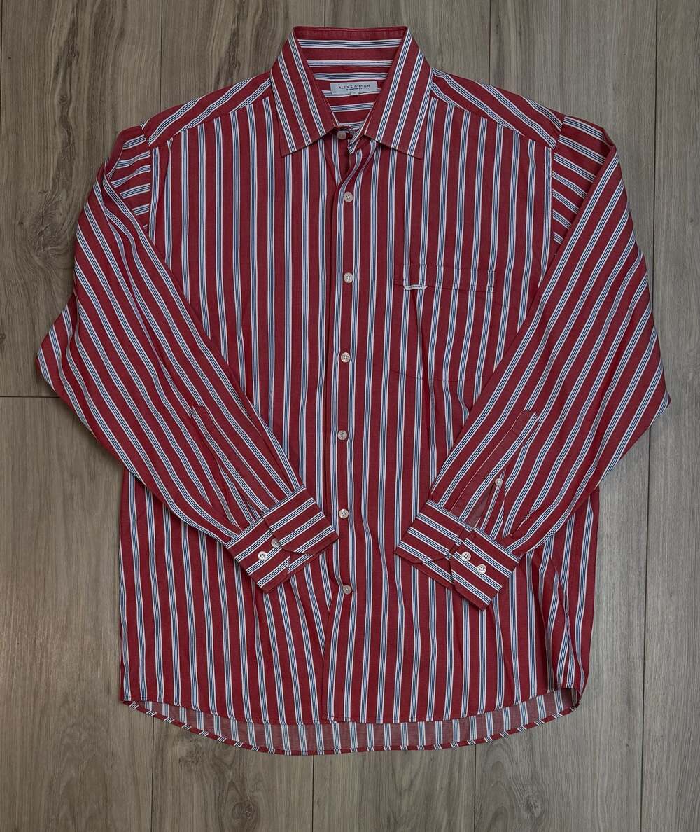 Alex Cannon Men's Long Sleeve Red and White Striped Button-Down Shirt
